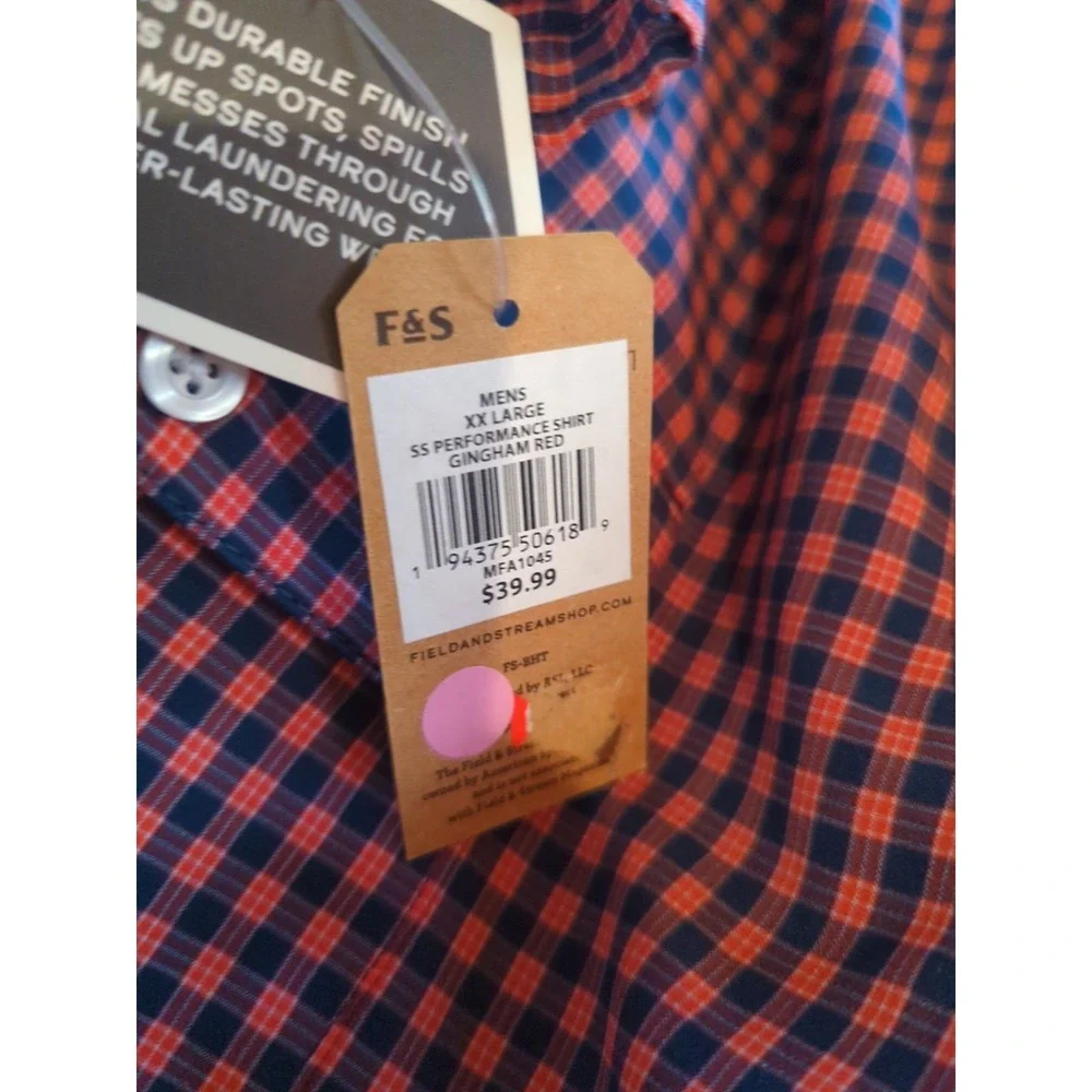 Men's NWT Field & Stream SS Performance Gingham Red Blue XXL 2XL Light‎ Fishing